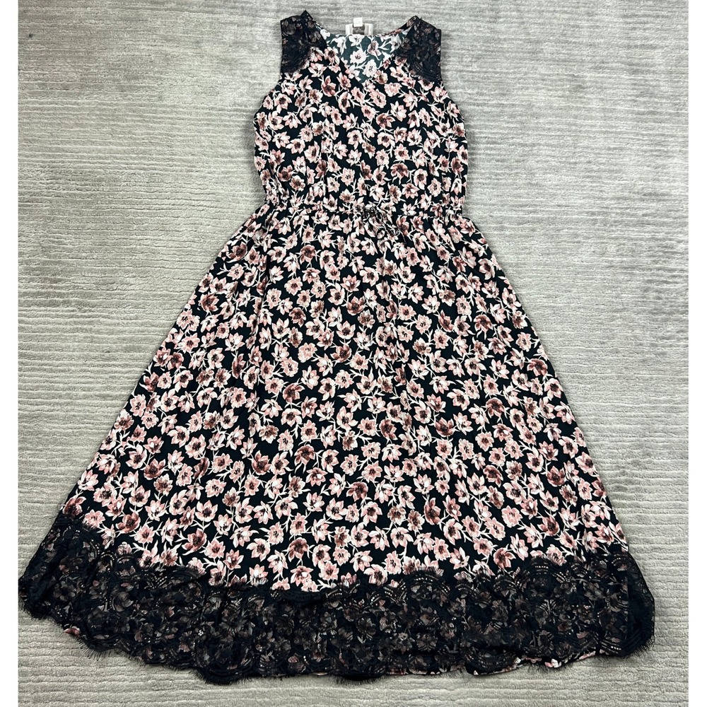 LOFT Outlet Womens Small Black Pink Floral Lace Trim V-Neck Midi Dress Sleeveles